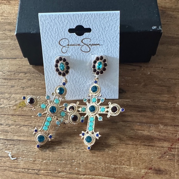 Jessica Simpson Jewelry - Jessica Simpson Gold and Blue Cross Earrings
